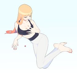Rule 34 | 1girl, barefoot, blonde hair, breasts, cleavage, closed eyes, collarbone, commentary request, feet, gradient background, gradient hair, high-waist pants, kitagawa marin, leggings, medium breasts, multicolored hair, nail polish, open mouth, pants, red hair, red nails, signature, simple background, solo, sono bisque doll wa koi wo suru, sports bra, two-tone hair, white leggings, yan wan