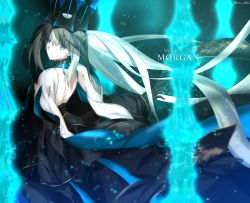 Rule 34 | 1girl, back, backless dress, backless outfit, black dress, black gloves, black veil, blue eyes, blue lips, braid, character name, choker, closed mouth, commentary request, crown, dress, english text, fate/grand order, fate (series), floating hair, foo (pixiv54892036), french braid, gloves, hair between eyes, highres, light particles, lips, lipstick, long dress, long hair, looking at viewer, magic, makeup, morgan le fay (fate), morgan le fay (queen of winter) (fate), pale skin, ponytail, sidelocks, silver hair, solo, twitter username, two-tone dress, veil, very long hair, white dress, wide sleeves