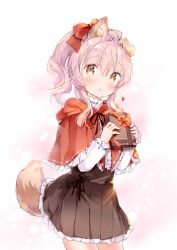 Rule 34 | 1girl, :o, alternate hairstyle, animal ear fluff, animal ears, blush, bow, box, brown eyes, brown skirt, capelet, commentary request, cowboy shot, frilled capelet, frilled skirt, frills, gift, gift box, hair between eyes, hair bow, heart, holding, holding gift, hood, hood down, hooded capelet, long hair, long sleeves, looking at viewer, original, parted lips, pink hair, pleated skirt, ponytail, red bow, red capelet, shirt, sidelocks, skirt, solo, standing, tail, valentine, wataame27, white shirt, wolf-chan (wataame27), wolf ears, wolf girl, wolf tail