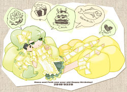 Rule 34 | 10s, 1girl, 2010, akatsuki gomoku, bean bag, bean bag chair, birthday, bouquet, bow, cake, candle, cellphone, fish, flower, food, frills, gathers, gift, green eyes, green hair, hair bow, heart, iphone, lace, macne nana, macne nana petit, macne series, matching hair/eyes, phone, ponytail, ribbon, side ponytail, skirt, smartphone, solo, thinking