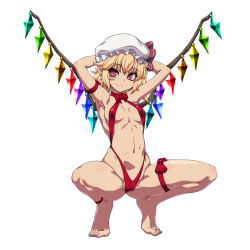 Rule 34 | 1girl, armpits, arms behind head, arms up, barefoot, bikini, blonde hair, bow, bowtie, breasts, cleft of venus, crystal, flandre scarlet, hat, hat ribbon, highres, legwear garter, medium hair, mob cap, navel, one side up, ootsuki wataru, red bikini, red bow, red bowtie, red eyes, red ribbon, ribbon, simple background, single legwear garter, slingshot swimsuit, slit pupils, small breasts, smile, solo, spread legs, squatting, swimsuit, thigh strap, touhou, white background, white hat, wings