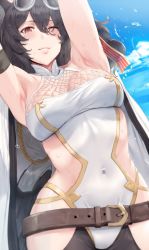Rule 34 | 1girl, animal ears, armpits, arms behind head, arms up, bare shoulders, belt, black hair, blush, breasts, cape, cleavage, covered navel, erune, eyewear on head, granblue fantasy, hair between eyes, halterneck, hat, hat ribbon, hews, highres, hip focus, ilsa34660285, large breasts, long hair, navel, one-piece swimsuit, one eye closed, red eyes, ribbon, skindentation, smile, solo, sunglasses, swimsuit, white one-piece swimsuit