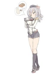 Rule 34 | 10s, 1girl, black legwear, blade (galaxist), coffee, commentary request, crossed legs, epaulettes, female focus, food, frilled sleeves, frills, full body, grey eyes, hat, high heels, holding, kantai collection, kashima (kancolle), long hair, long legs, military, military hat, miniskirt, pen, platform footwear, platform heels, pleated skirt, sandwich, sidelocks, simple background, skirt, solo, standing, thought bubble, tsurime, twintails, uniform, watson cross, wavy hair, white background, white hair
