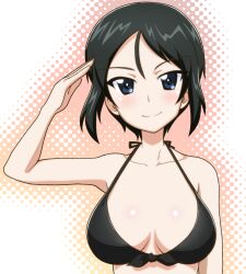 Rule 34 | 1girl, bikini, black bikini, black hair, blue eyes, blush, breasts, chouno ami, cleavage, closed mouth, collarbone, girls und panzer, gogopaint, large breasts, looking at viewer, salute, short hair, simple background, smile, solo, swimsuit, upper body