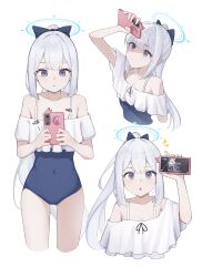 Rule 34 | 1girl, blue archive, blue halo, casual one-piece swimsuit, cellphone, flat chest, frilled one-piece swimsuit, frills, gmi (jimmyovob), halo, highres, miyako (blue archive), off-shoulder one-piece swimsuit, off shoulder, one-piece swimsuit, phone, purple eyes, swimsuit, white hair
