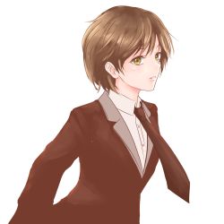 Rule 34 | 1girl, androgynous, breasts, brown eyes, brown hair, brown necktie, collared shirt, crossdressing, dress shirt, formal, highres, looking at viewer, necktie, original, reverse trap, shirt, short hair, small breasts, suit, tagme, white background, white shirt