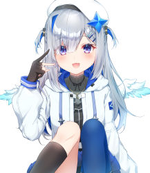 Rule 34 | 1girl, :d, amane kanata, amane kanata (work), angel wings, asymmetrical bangs, asymmetrical legwear, beret, black gloves, black socks, blue hair, blue socks, blue wings, colored inner hair, feathered wings, gloves, gradient wings, hair ornament, hair over one eye, hairclip, hat, hololive, jacket, jewelry, kneehighs, long hair, long sleeves, looking at viewer, mini wings, mismatched legwear, multicolored hair, multicolored wings, necklace, open mouth, partially fingerless gloves, pink hair, puffy long sleeves, puffy sleeves, purple eyes, silver hair, single hair intake, single kneehigh, single sock, single thighhigh, sitting, smile, socks, solo, star (symbol), star necklace, streaked hair, thighhighs, two side up, uneven legwear, virtual youtuber, white hat, white jacket, white wings, wings, zky (oekaky)