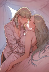 Rule 34 | 2girls, blush, breasts, breath, byleth (female) (fire emblem), byleth (fire emblem), cleavage, closed mouth, dress, fire emblem, fire emblem: three houses, green hair, highres, ikarin, large breasts, long hair, long sleeves, lying, lying on person, medium breasts, multiple girls, nintendo, on back, parted lips, rhea (fire emblem), shirt, white dress, white shirt, yuri