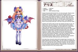Rule 34 | 1girl, alice (monster girl encyclopedia), blonde hair, blue eyes, blush, character profile, clothes lift, demon girl, dress, dress lift, english text, female focus, full body, hard-translated, kenkou cross, long hair, monster girl, monster girl encyclopedia, pointy ears, smile, solo, tail, thighhighs, third-party edit, translated, white background, wings