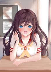 1girl absurdres artist_request blue_eyes blush braid breasts brown_hair buttons commission desk double-breasted hand_up highres large_breasts lochi&#039;s_character long_hair looking_at_viewer neckerchief open_mouth original red_sailor_collar sailor_collar school_desk school_uniform second-party_source serafuku shirt short_sleeves solo suggestive_fluid tearing_up tongue tongue_out white_shirt yellow_neckerchief