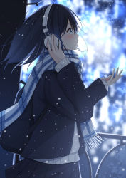 Rule 34 | 1girl, absurdres, backpack, bag, black hair, black jacket, black skirt, blazer, blue eyes, blurry, blurry background, blush, commentary request, depth of field, fringe trim, from side, hair between eyes, hands up, headphones, highres, jacket, long hair, long sleeves, looking away, open clothes, open jacket, original, plaid, plaid scarf, pleated skirt, railing, scarf, school uniform, senri (senri sen), skirt, sleeves past wrists, snowing, solo, sweater, white sweater