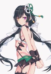 Rule 34 | 1girl, akym, arms behind back, ass, bare shoulders, bikini, black hair, blurry, blush, breasts, commentary request, cowboy shot, depth of field, fate/grand order, fate (series), from behind, hair ornament, hair ribbon, heterochromia, highres, kunai, long hair, looking at viewer, looking back, mochizuki chiyome (fate), purple eyes, ribbon, small breasts, solo, standing, swimsuit, tattoo, thighhighs, twintails, very long hair, weapon, white background, yellow eyes