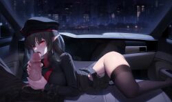 Rule 34 | 1boy, 1girl, belt, belt pouch, black hair, black headwear, black leotard, black shirt, breasts, brown thighhighs, car interior, censored, cityscape, cosplay, daydream (zhdkffk21), erection, fellatio, goddess of victory: nikke, handjob, hat, heart, heart-shaped pupils, heavy breathing, hetero, highres, large breasts, leotard, long hair, long sleeves, looking at viewer, lying, military hat, mosaic censoring, necktie, night, on stomach, open mouth, oral, original, penis, pointy ears, pouch, rapi (nikke), rapi (nikke) (cosplay), red eyes, shirt, solo focus, symbol-shaped pupils, thighhighs, thighs, veins, veiny penis