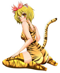 Rule 34 | 1girl, absurdres, animal ears, animal print, ass, bad id, bad pixiv id, blonde hair, blush, female focus, highres, kemonomimi mode, looking back, one-piece swimsuit, school swimsuit, shiny clothes, short hair, skindentation, smile, solo, swimsuit, tail, tera hiroshi, thighhighs, tiger ears, tiger print, tiger tail, toramaru shou, touhou, yellow eyes