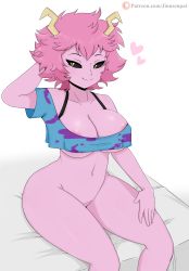 Rule 34 | 10s, 1girl, areola slip, arm behind head, artist name, ashido mina, bare shoulders, bed, black sclera, boku no hero academia, bottomless, breasts, cleavage, collarbone, colored sclera, colored skin, heart, highres, horns, jinu (jinusenpai), large breasts, looking at viewer, navel, pink hair, pink skin, pussy, pussy peek, sitting, smile, solo, thick thighs, thighs, white background, yellow eyes