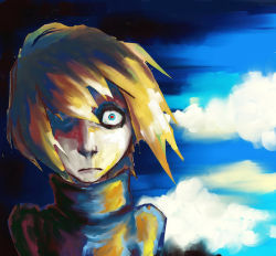 Rule 34 | 1girl, blonde hair, colorful, constricted pupils, hair over one eye, looking at viewer, short hair, sky, smr03, solo, staring, turtleneck, upper body, urotsuki, yume 2kki
