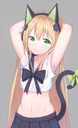 Rule 34 | 1girl, absurdres, animal ear headphones, animal ears, arm behind head, armpits, arms up, black bow, black skirt, blonde hair, blush, bow, breasts, cat ear headphones, cat ears, cat girl, cat tail, closed mouth, commentary, crop top, fake animal ears, girls&#039; frontline, green bow, green eyes, grey background, hair between eyes, headphones, highres, long hair, midriff, navel, pleated skirt, school uniform, serafuku, shirt, short sleeves, simple background, skirt, small breasts, solo, starfox1015, tail, tail bow, tail ornament, tmp (girls&#039; frontline), very long hair, white shirt