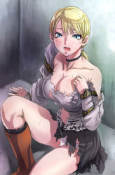 Rule 34 | 1girl, areola slip, blonde hair, blouse, blue eyes, blush, boots, breasts, capcom, choker, cleavage, demento, fiona belli, impossible clothes, impossible shirt, large breasts, long sleeves, looking up, miniskirt, no bra, off shoulder, open mouth, panties, ponytail, sgk, shirt, sitting, skirt, solo, sweat, tears, torn clothes, underwear, wavy mouth, white panties