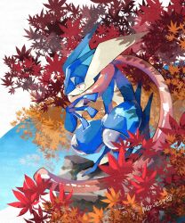 Rule 34 | animal focus, artist name, autumn leaves, blue skin, blue sky, colored skin, commentary request, creatures (company), game freak, gen 6 pokemon, greninja, harvest88, highres, in tree, nintendo, no humans, pokemon, pokemon (creature), red eyes, sitting, sitting in tree, sky, solo, squatting, tree, twitter username, webbed feet, webbed hands