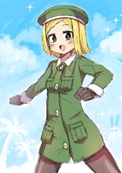 Rule 34 | 1girl, :d, beret, blonde hair, blue sky, blush, brown eyes, brown gloves, brown pantyhose, cloud, collared jacket, day, etori, fate/grand order, fate (series), forehead, gloves, green hat, green jacket, hat, jacket, long sleeves, looking at viewer, open mouth, outdoors, pantyhose, parted bangs, paul bunyan (fate), sky, smile, solo, sparkle