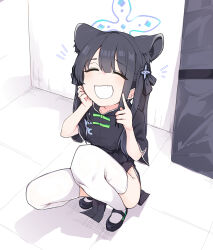 Rule 34 | 1girl, absurdres, animal ear fluff, animal ears, ass, black dress, black footwear, black hair, blue archive, blue halo, chinese clothes, closed eyes, dress, grin, halo, highres, index finger raised, long hair, pearlgang e, shoes, short sleeves, shun (blue archive), shun (small) (blue archive), smile, solo, squatting, thighhighs, two side up, white thighhighs