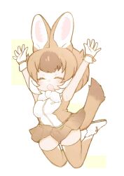 Rule 34 | 1girl, animal ears, bare shoulders, blush, boots, bow, bowtie, brown hair, brown shirt, brown skirt, brown thighhighs, closed eyes, dhole (kemono friends), dog ears, dog girl, dog tail, gloves, highres, jumping, kemo24v, kemono friends, light brown hair, midair, multicolored hair, open mouth, pleated skirt, shirt, short hair, sidelocks, skirt, smile, solo, tail, thighhighs, two-tone shirt, white bow, white bowtie, white footwear, white gloves, white hair, white shirt, zettai ryouiki