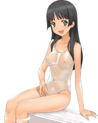 Rule 34 | 1girl, a1 (initial-g), adjusting clothes, adjusting swimsuit, arm support, black hair, breasts, casual one-piece swimsuit, green eyes, long hair, navel, nipples, one-piece swimsuit, open mouth, pool, poolside, saten ruiko, see-through, see-through one-piece swimsuit, sitting, smile, soaking feet, swimsuit, toaru kagaku no railgun, toaru majutsu no index, water, wet