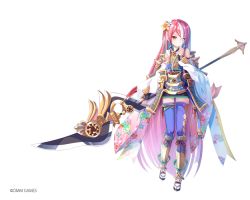 Rule 34 | absurdly long hair, commentary, copyright notice, flower, full body, hair flower, hair ornament, juraku (oshiro project), long hair, official art, oshiro project:re, oshiro project:re, pink hair, sho (runatic moon), solo, thighhighs, very long hair, weapon, white background