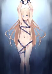 Rule 34 | 1girl, :o, abigail williams (fate), arms up, blonde hair, blue eyes, chain, collarbone, cuffs, fate/grand order, fate (series), forehead, highres, jilu, long hair, looking at viewer, navel, nude, parted bangs, parted lips, restrained, solo, very long hair