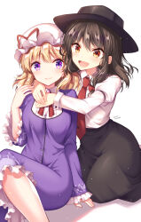 Rule 34 | 2girls, black headwear, black skirt, blonde hair, blush, breasts, brown hair, buttons, center frills, closed mouth, collared shirt, commentary, dress, eyelashes, frilled dress, frilled hat, frilled sleeves, frills, hand on another&#039;s hand, hat, hat ribbon, highres, hug, hug from behind, juliet sleeves, kneeling, leg up, long sleeves, looking at another, maribel hearn, medium breasts, medium dress, medium hair, medium skirt, mob cap, multiple girls, necktie, open mouth, orange eyes, puffy sleeves, purple brooch, purple dress, purple eyes, raised eyebrows, red necktie, red ribbon, ribbon, sakura tsubame, shadow, shirt, signature, sitting, skirt, sleeve garter, smile, touhou, usami renko, v-shaped eyebrows, white background, white headwear, white shirt, wide sleeves