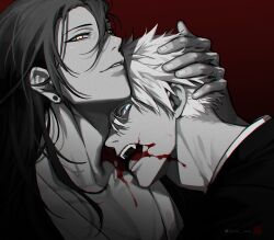 Rule 34 | 2boys, blood, blue eyes, collarbone, ear piercing, fangs, getou suguru, gojou satoru, gradient background, greyscale with colored background, hand up, highres, jujutsu kaisen, long hair, looking at viewer, male focus, multiple boys, open mouth, parted lips, piercing, profile, red background, short hair, smile, spot color, yaoi, zza tang