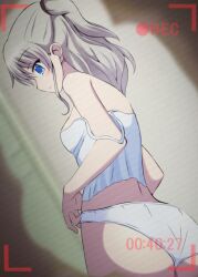 Rule 34 | 1girl, arms at sides, ass, back, bare arms, bare shoulders, blue eyes, blurry, blurry background, breasts, camisole, charlotte (anime), closed mouth, commentary request, cowboy shot, expressionless, eyelashes, eyes visible through hair, from side, grey hair, hair between eyes, hidden camera, highres, indoors, lelie (lelie link), light blush, long hair, looking down, medium breasts, off shoulder, paid reward available, panties, peeking, profile, recording, sidelocks, solo, standing, tomori nao, two side up, underwear, voyeurism, wedgie, white camisole, white panties