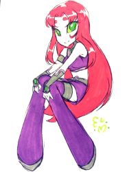 Rule 34 | 1girl, alien, boots, cartoon network, chibi, colored sclera, dc comics, green eyes, green sclera, highres, red hair, sitting, skirt, solo, starfire, teen titans, thigh boots, thighhighs