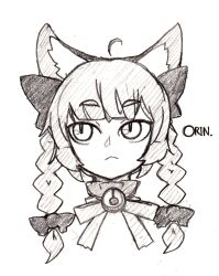 Rule 34 | 1girl, ahoge, animal ear fluff, animal ears, bell, blunt bangs, bow, braid, cat ears, character name, commentary, detached ahoge, graphite (medium), greyscale, hair bow, highres, jingle bell, kaenbyou rin, looking away, medium hair, monochrome, neck bell, neck ribbon, portrait, ribbon, silverfox (peculiosa), slit pupils, solo, touhou, traditional media, twin braids