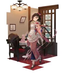 Rule 34 | 1girl, apron, back bow, black footwear, blue bow, blue sash, bow, brown eyes, brown hair, chair, checkered floor, cuffs, cup, flower, full body, hair bow, hair flower, hair ornament, hand up, highres, holding, holding tray, japanese clothes, kimono, long sleeves, looking at viewer, maid, medium hair, neck tattoo, parted lips, pink kimono, plate, rabbit, reverse:1999, sash, satsuki (reverse:1999), shoes, sliding doors, smile, socks, solo, standing, striped clothes, striped kimono, table, tachi-e, tattoo, teacup, third-party source, tray, wa maid, white apron, white flower, white socks, wide sleeves