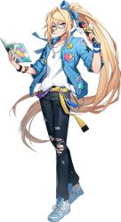 Rule 34 | 1boy, badge, belt, black pants, blonde hair, blue eyes, blue footwear, blue jacket, blue ribbon, book, bracelet, breast pocket, button badge, collared jacket, contemporary, earrings, elf, full body, glasses, grand chase, hair between eyes, hair ribbon, highres, holding, holding book, holding microphone, jacket, jewelry, kassias grandiel, long hair, looking at viewer, male focus, microphone, official art, open book, open clothes, open jacket, pants, paperclip, pendant, pocket, pointy ears, ponytail, print shirt, ribbon, shirt, shirt partially tucked in, shoes, sleeves past elbows, smile, sneakers, solo, standing, t-shirt, tachi-e, third-party source, torn clothes, torn pants, transparent background, very long hair, watch, white shirt, wristband, wristwatch, yellow belt