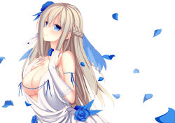 Rule 34 | 1girl, absurdres, areola slip, bare shoulders, blue eyes, blue flower, blue rose, braid, breasts, bridal gauntlets, cleavage, derivative work, dress, flower, hair flower, hair ornament, highres, jewelry, jyt, large breasts, lexington (warship girls r), long hair, looking at viewer, necklace, no bra, petals, platinum blonde hair, rose, smile, solo, warship girls r, white dress