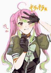 Rule 34 | 1girl, :p, ahoge, black choker, black gloves, choker, gloves, green hair, green neckwear, grey background, heart, highres, kantai collection, long hair, momo (kancolle), multicolored hair, nidou, one-hour drawing challenge, one eye closed, pink hair, red eyes, sailor collar, school uniform, serafuku, short sleeves, simple background, solo, tongue, tongue out, twintails, v