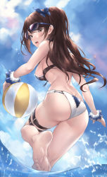 Rule 34 | 1girl, ass, asymmetrical bangs, ball, bare shoulders, beachball, beatrix (granblue fantasy), bikini, blue sky, blush, breasts, brown eyes, brown hair, butt crack, eyewear on head, feet, granblue fantasy, large breasts, long hair, looking at viewer, looking back, medium breasts, open mouth, parfaitlate, ponytail, scrunchie, sky, soles, solo, sunglasses, sunglasses on head, swept bangs, swimsuit, thighs, toes, wading, water, wrist scrunchie