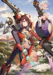 Rule 34 | 1girl, alice gear aegis, chinese clothes, closed mouth, commentary request, floating, floating object, gun, highres, holding, holding gun, holding weapon, jet boots, mecha musume, purple eyes, red hair, solo, sunga2usagi, translation request, wang honghua, weapon