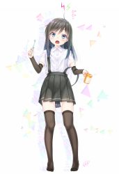 Rule 34 | 1girl, arm warmers, asashio (kancolle), black hair, black thighhighs, blue eyes, cup, full body, gotou hisashi, highres, kantai collection, long hair, mug, open mouth, shirt, short sleeves, skirt, solo, standing, suspenders, thighhighs, toothbrush, white shirt