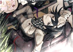 Rule 34 | 1boy, :d, arm up, black hair, buttons, cake, card, checkered clothes, checkered scarf, danganronpa (series), danganronpa v3: killing harmony, food, fork, fruit, grey pants, hair between eyes, highres, holding, holding fork, long sleeves, looking at viewer, looking up, male focus, medium hair, oma kokichi, open mouth, pants, playing card, purple eyes, ribbon, scarf, shoes, sitting, smile, solo, strawberry, table, teeth, wa noko