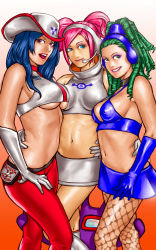 Rule 34 | 3girls, blue eyes, blue hair, breasts, cowboy hat, fishnets, green eyes, green hair, dreadlocks, hat, headphones, headset, highres, lips, lipstick, looking at viewer, makeup, midriff, miniskirt, multiple girls, navel, open mouth, pine (spc5), pink eyes, pink hair, pudding (spc5), sega, skirt, space channel 5, take (draghignazzo), twintails, ulala, underboob