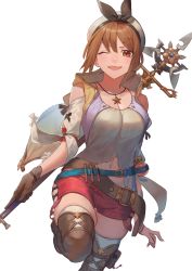 Rule 34 | 1girl, ;d, atelier (series), atelier ryza, atelier ryza 1, belt, breasts, brown eyes, brown gloves, brown hair, brown thighhighs, cleavage, collarbone, commentary request, gloves, hair ornament, hairclip, hat, highres, holding, holding polearm, holding spear, holding weapon, jewelry, large breasts, looking at viewer, navel, necklace, one eye closed, open mouth, polearm, red shorts, reisalin stout, short hair, short shorts, shorts, simple background, single glove, smile, solo, spear, star (symbol), teeth, thighhighs, thighs, ukimesato, upper teeth only, weapon, white background, white hat, white thighhighs