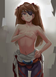 Rule 34 | 10s, 1girl, absurdres, areola slip, armpits, blue eyes, bodysuit, bodysuit pull, breasts, brown hair, covering privates, covering breasts, doyora, evangelion: 3.0 you can (not) redo, expressionless, eyepatch, grey eyes, hairpods, hand on own hip, highres, interface headset, long hair, looking at viewer, navel, neon genesis evangelion, plugsuit, rebuild of evangelion, small breasts, solo, souryuu asuka langley, standing, topless, two side up