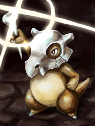 Rule 34 | 1990s (style), absurdres, arm up, bone, brown eyes, creatures (company), cubone, full body, game freak, gen 1 pokemon, highres, holding, ko-chin-4327, nintendo, no humans, pokemon, pokemon (creature), pokemon rgby, retro artstyle, solo, sparkle, standing, stone floor