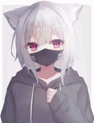 Rule 34 | 1girl, absurdres, animal ear fluff, animal ears, black hoodie, blush, cat ears, commentary request, drawstring, grey background, grey hair, hair between eyes, hand up, highres, hood, hood down, hoodie, long sleeves, looking at viewer, mask, mouth mask, multicolored hair, original, puffy long sleeves, puffy sleeves, red eyes, romaji commentary, sirotuki ito, sleeves past wrists, solo, two-tone hair, upper body
