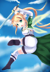 Rule 34 | 10s, 1girl, ass, blonde hair, boots, braid, breasts, elf, fairy wings, from below, fuyuki8208, green eyes, leafa, long hair, open mouth, pointy ears, ponytail, puffy sleeves, shorts, sky, sword, sword art online, thighhighs, weapon, wings