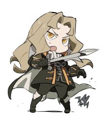Rule 34 | 1boy, alucard (castlevania), ascot, bat (animal), black coat, black footwear, black gloves, black pants, blonde hair, castlevania: symphony of the night, castlevania (series), chain, chibi, coat, commentary, dhampir, dot nose, english commentary, fang, full body, gloves, half-human, highres, holding, holding sword, holding weapon, jeto (jetopyon), long hair, long sleeves, male focus, obakeidoro!, open mouth, pants, simple background, solo, standing, sweatdrop, sword, undead, v-shaped eyebrows, vampire, weapon, white ascot, white background, yellow eyes