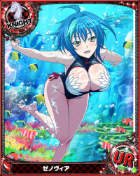 Rule 34 | 1girl, blue hair, blush, breasts, card (medium), chess piece, cleavage, fish, green hair, high school dxd, in water, knight (chess), leotard, looking at viewer, multicolored hair, ocean, official art, one-piece swimsuit, sand, short hair, solo, swimming, swimsuit, tagme, underwater, xenovia quarta, yellow eyes